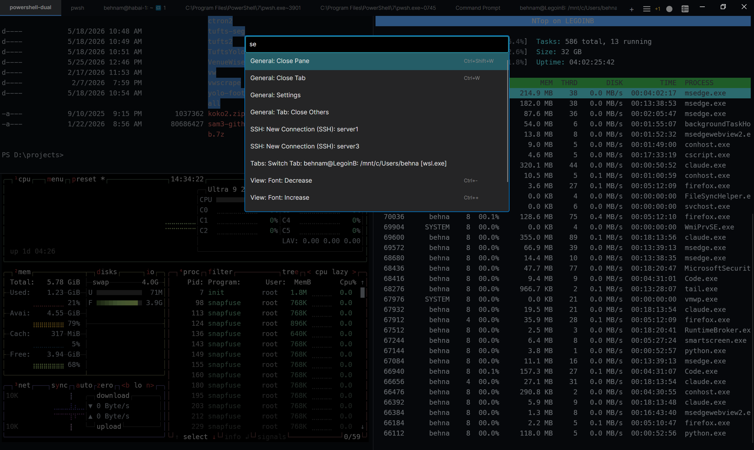 NovaTerminal showing a multi-pane session with a code editor and a build pane