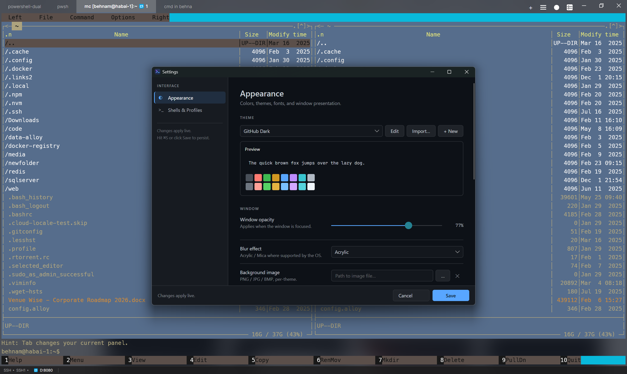 NovaTerminal with the command palette open and a profile switcher