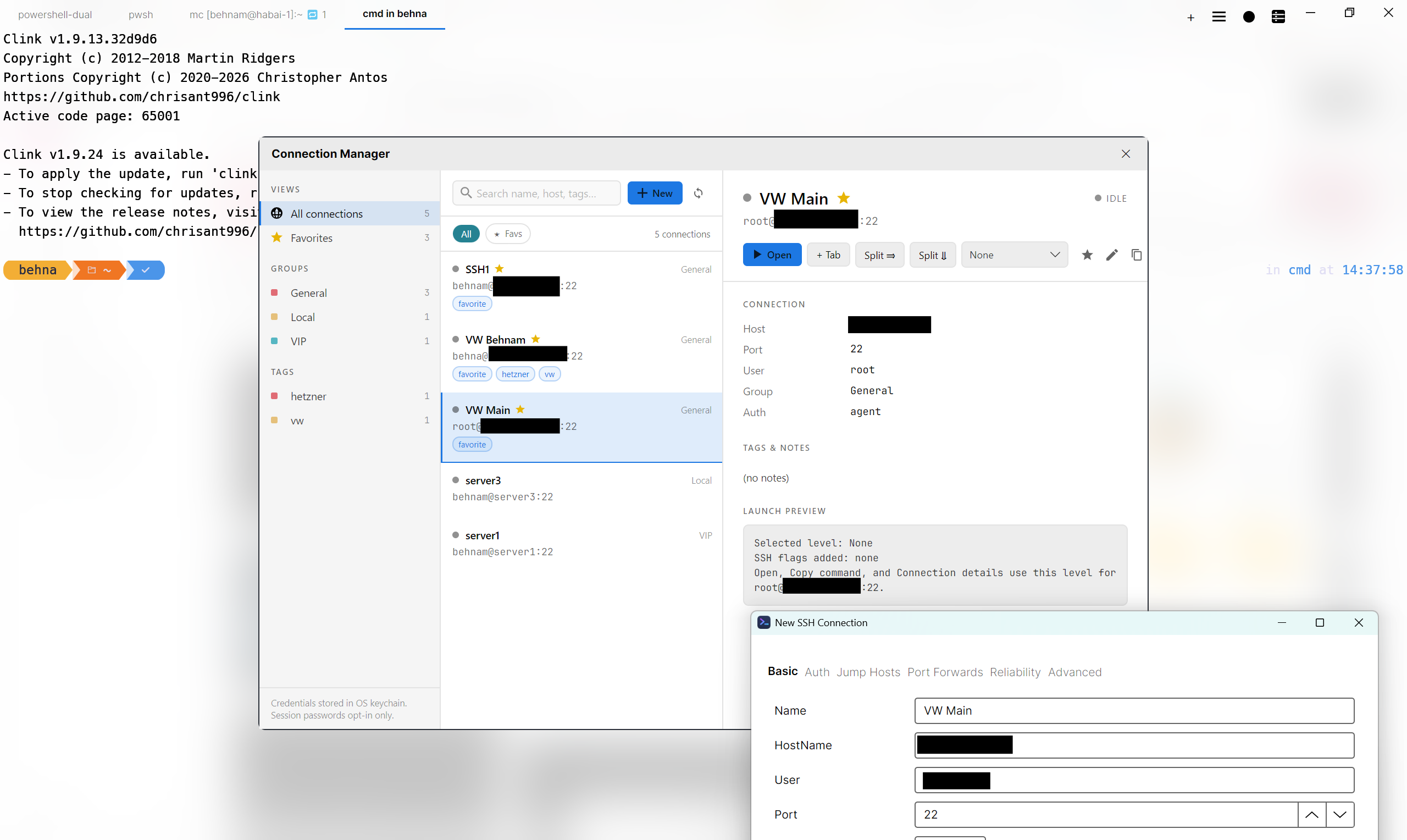NovaTerminal with the search overlay and tabs panel visible